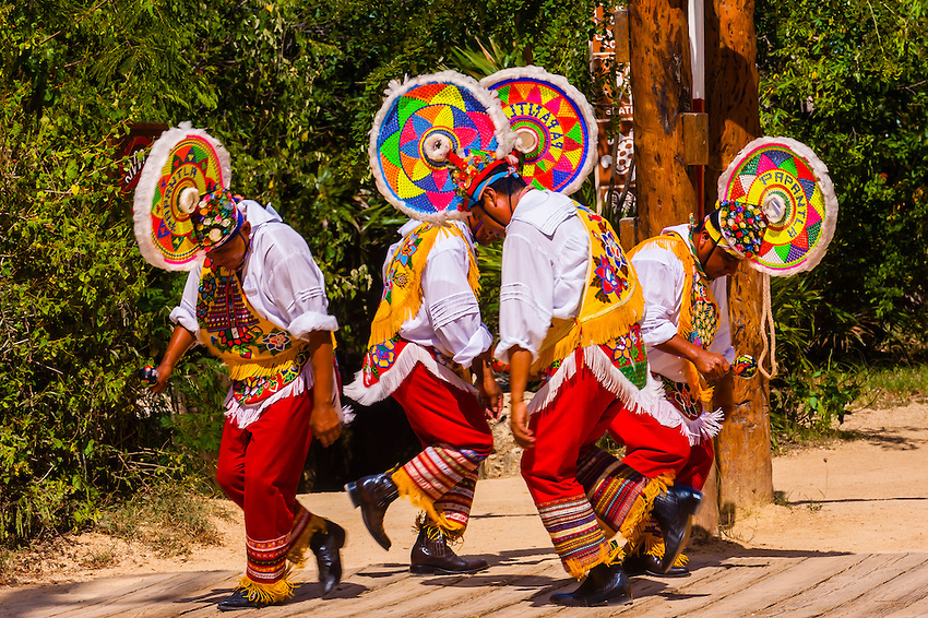 Papantla flyers (Voladores de Papantla), Xcaret Park (Eco-archaeological Theme park), Riviera Maya, Quintana Roo, Mexico